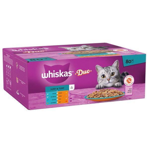 WHISKAS 1+ Surf & Turf Adult Wet Cat Food Pouches in Jelly 80 Pack