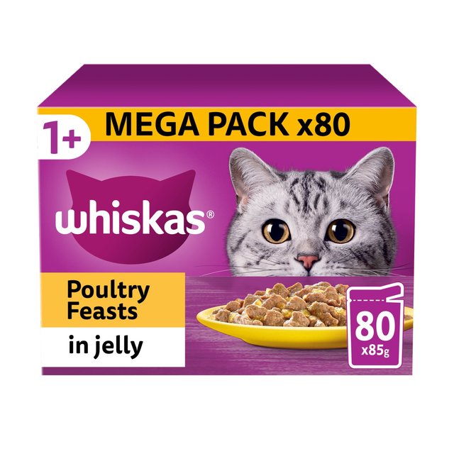 WHISKAS 1+ Poultry Feasts Adult Wet Cat Food Pouches in Jelly 80 Pack