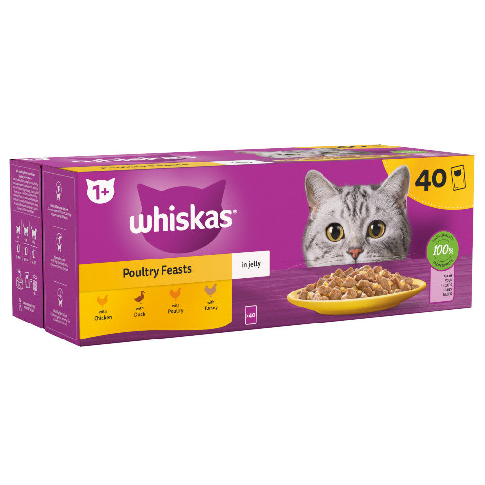 WHISKAS 1+ Poultry Feasts Adult Wet Cat Food Pouches in Jelly 40 Pack