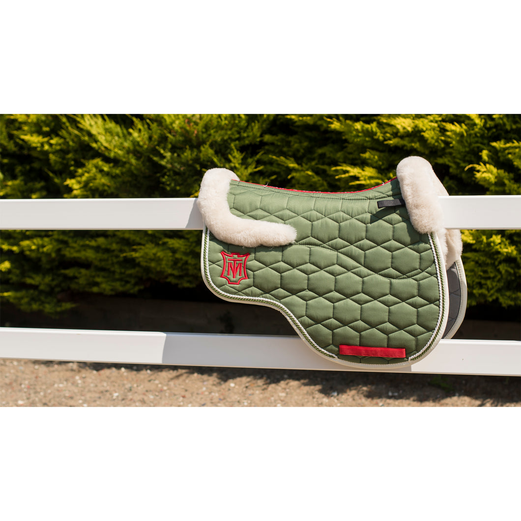 Mattes Eurofit Quilt Sheen Semi Lined Jump Pad Khaki with Perle Piping, and Scarlet Accents