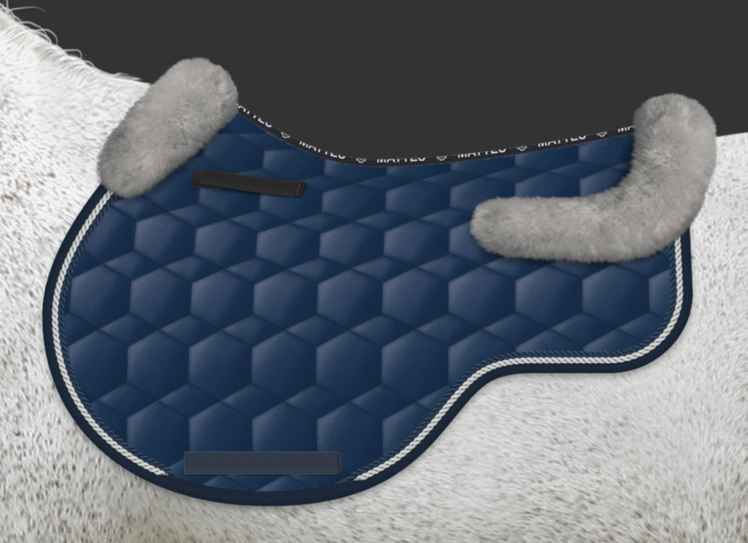 Mattes Quilt Sheen Eurofit Jump Pad Blue with Grey Sheepskin Trim, and Silver & Marine Piping