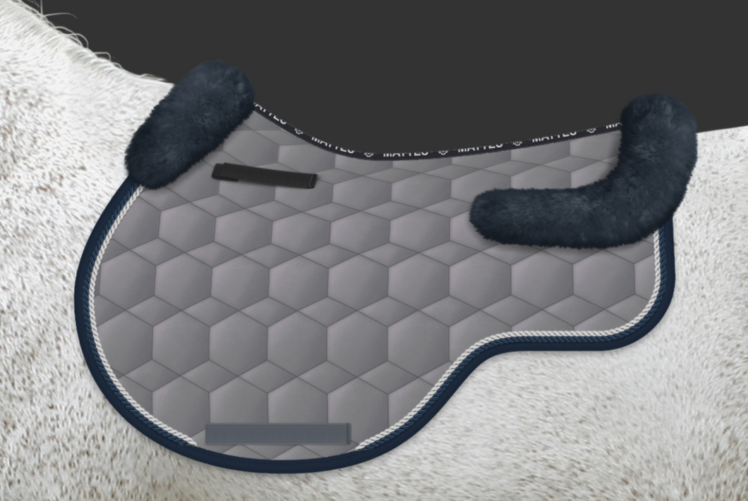 Mattes Quilt Sheen Eurofit Jump Pad Grey with Navy Sheepskin Trim, and Silver & Marine Piping