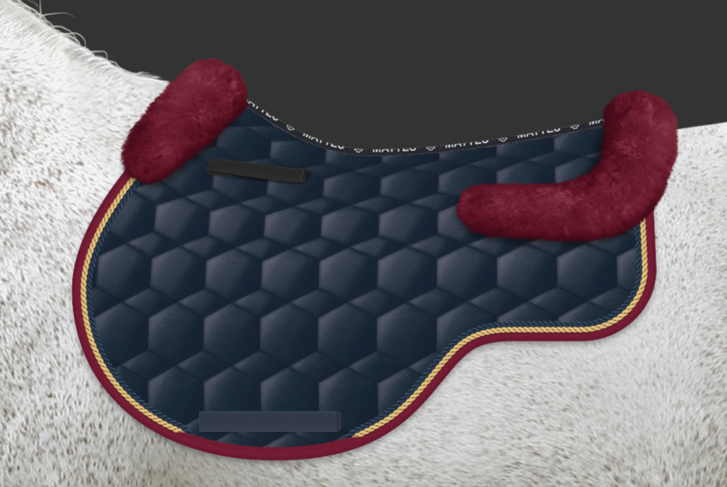 Mattes Quilt Sheen Eurofit Jump Pad Navy with Burgundy Sheepskin Trim, and Gold & Marine Piping